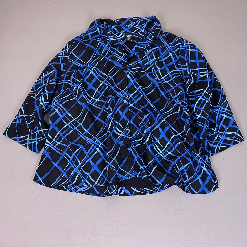 George Blouse Shirt Womens 3X Plus Size Blue Black Abstract Geometric 3/4 Sleeve